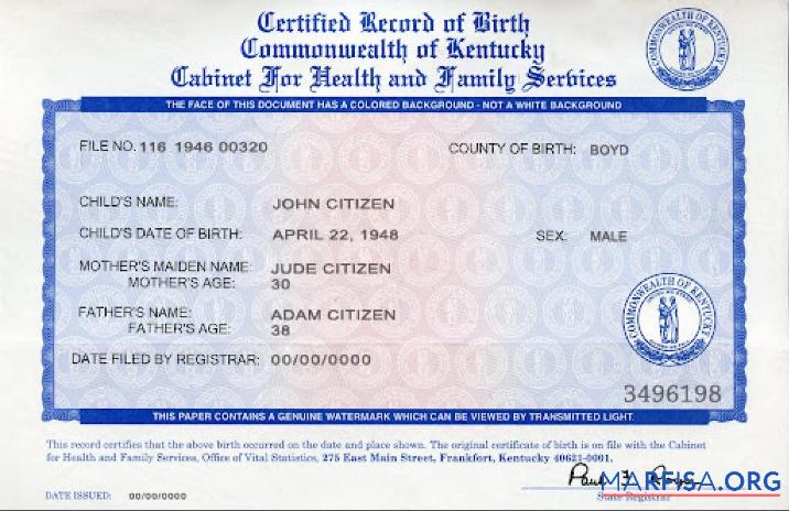 Blank USA Kentucky birth certificate sample